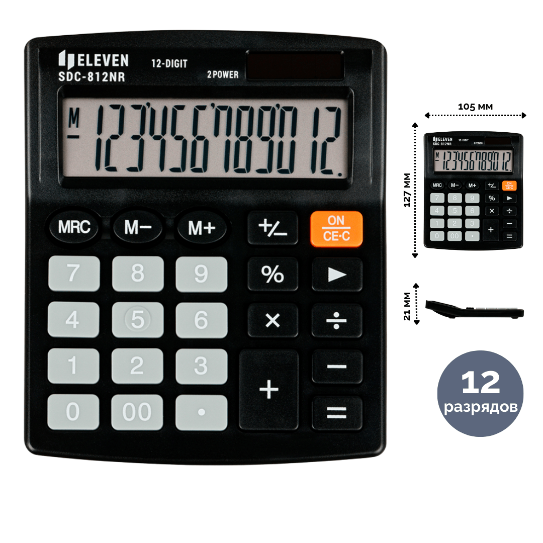Үстел калькуляторы Eleven SDC-812NR, 12 разрядты, 127*105*21 мм, қара / Үстел калькуляторлары
