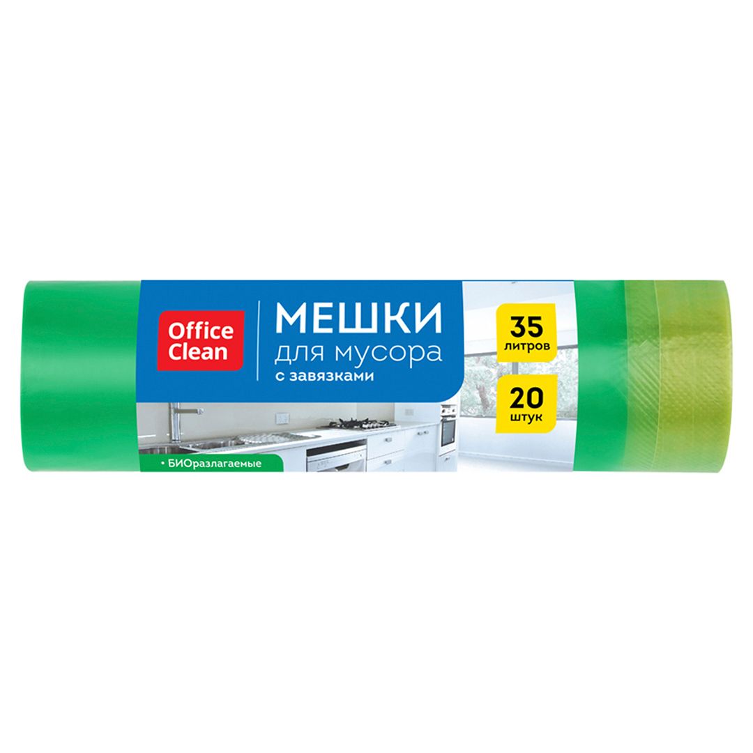 Мешки для мусора OfficeClean на 35 л, 20 шт. в рулоне, прочные, биоразлагаемые, зеленые, с завязками