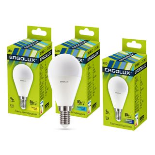 Лампа светодиодная Ergolux LED-G45-9W-E14-3K, 9 Вт, 3000К, теплый белый свет, E14, форма шар / Лампы светодиодные