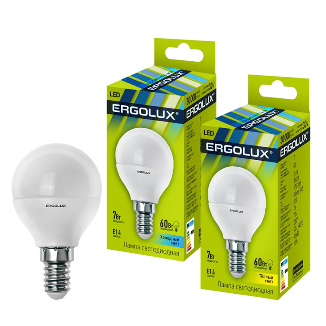 Жарықдиодты лампа Ergolux LED-G45-7W-E14-3K, 7 Вт, 3000К, жылы ақ жарықты, E14, шар пішінді