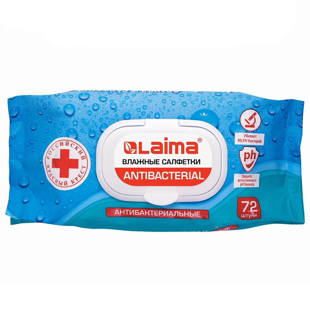 Дымқыл майлықтар Laima "Antibacterial", бактерияға қарсы, қаптамада 72 дана