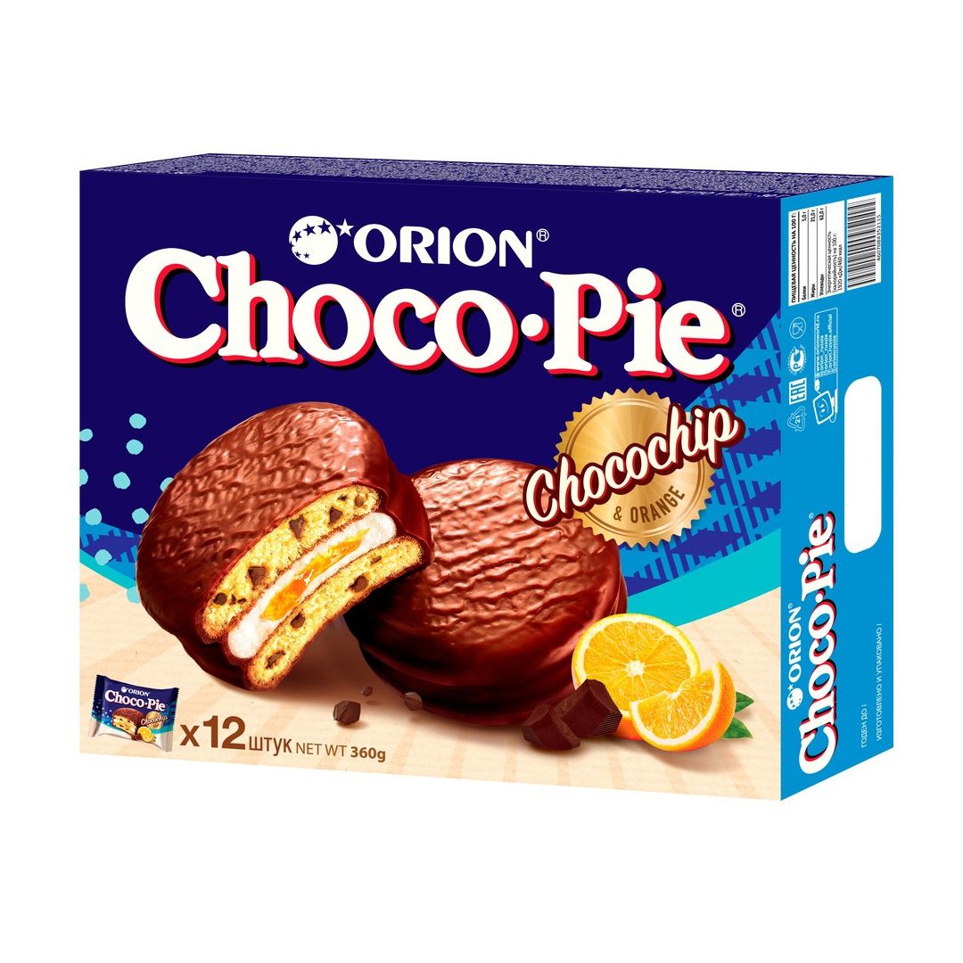 Бисквит Orion "Choco-Pie Chocochip", апельсин, 360 гр, 12 штук в коробке / Печенье, вафли, крекеры