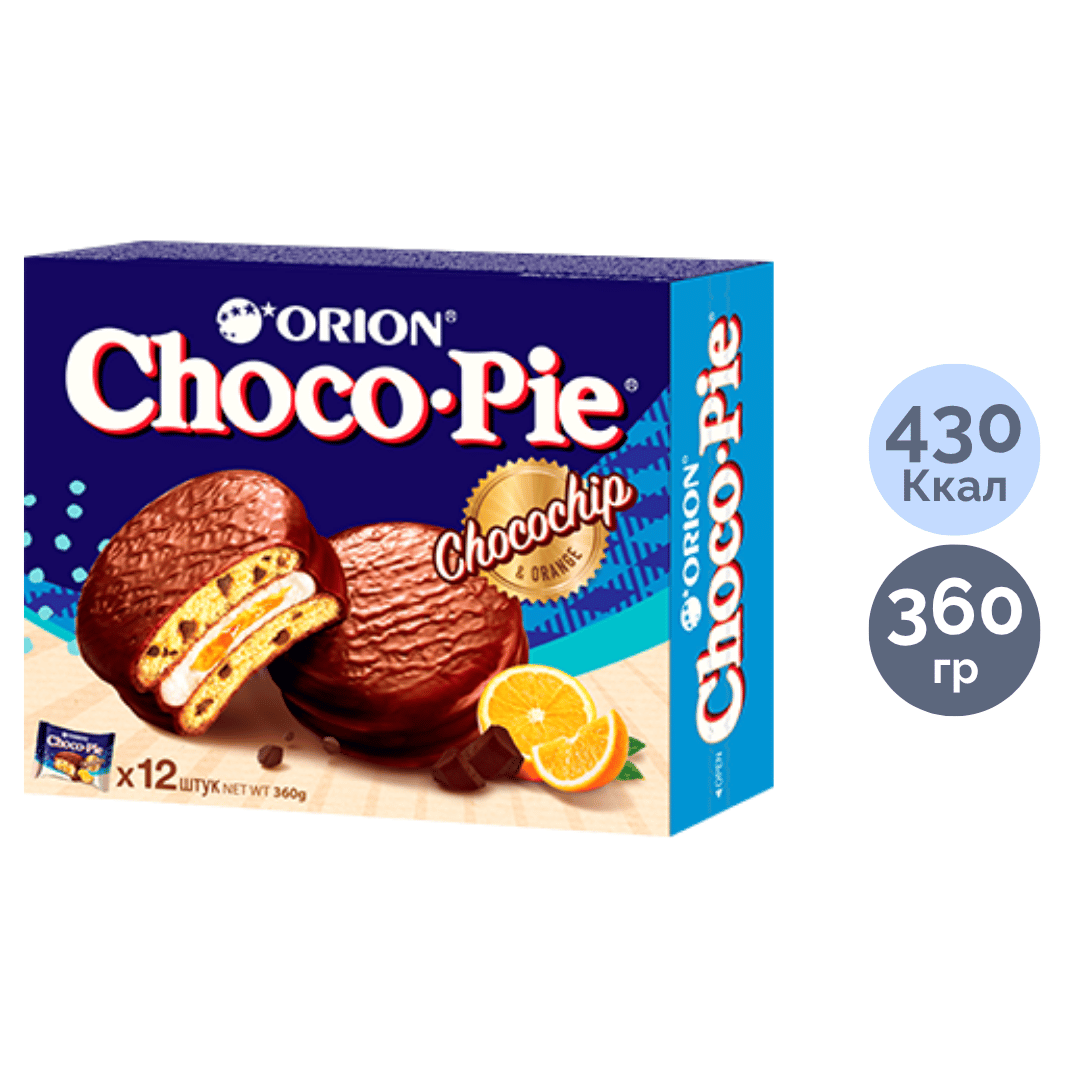 Бисквит Orion "Choco-Pie Chocochip", апельсин, 360 гр, 12 штук в коробке / Печенье и пряники
