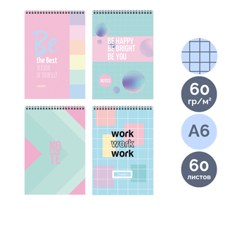 Блокнот BG "Pastel notes", А6, 60 листов, на гребне, в клетку, ассорти / Блокноты