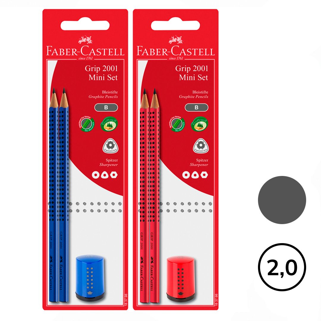 Қара графитті қарындаштар жинағы Faber-Castell "Grip 2001" B, үшкірленген өшіргішсіз, 2 дана+ұштағыш