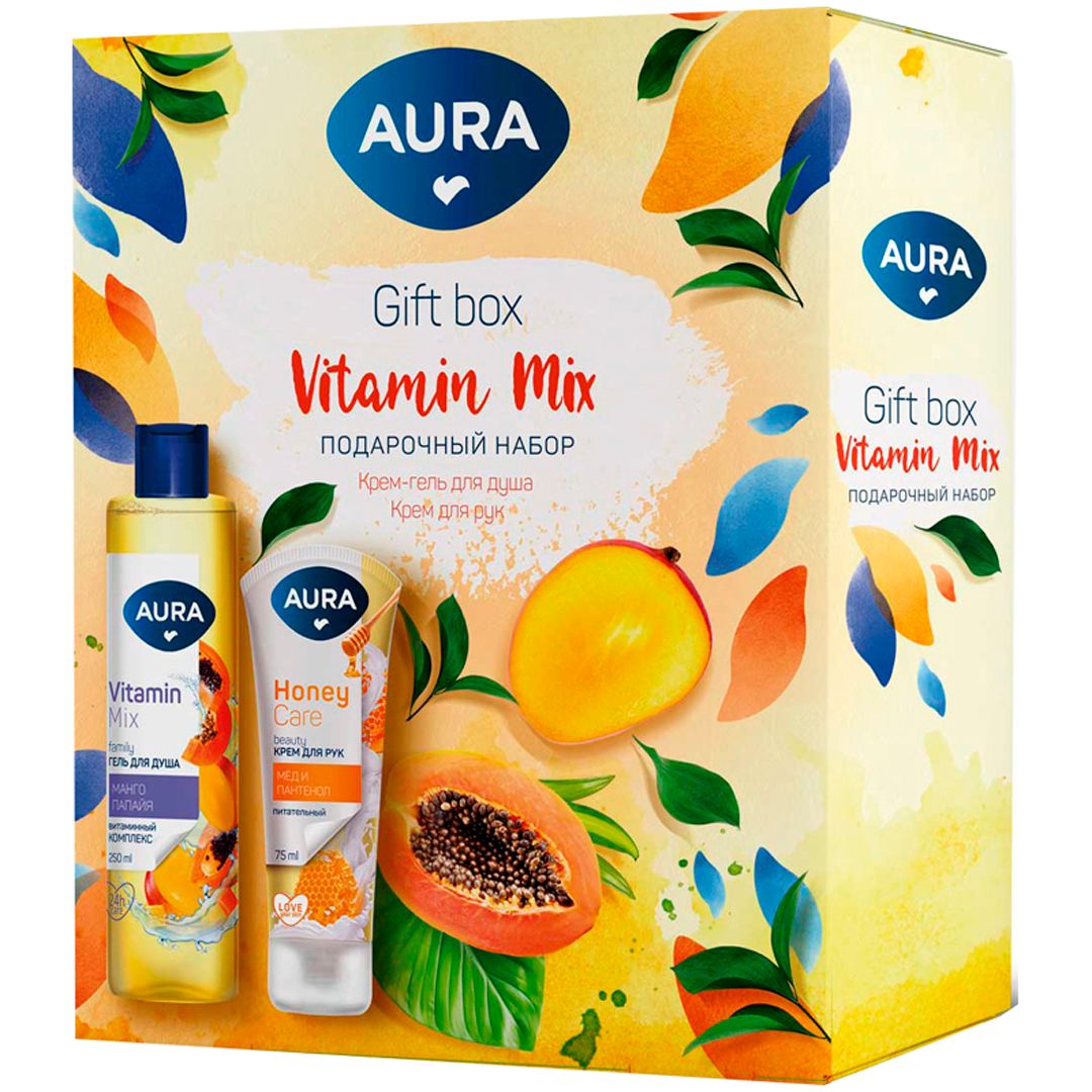 Подарочный набор Aura "Vitamin Mix", крем для рук 75 мл+гель для душа 250 мл / Средства для рук