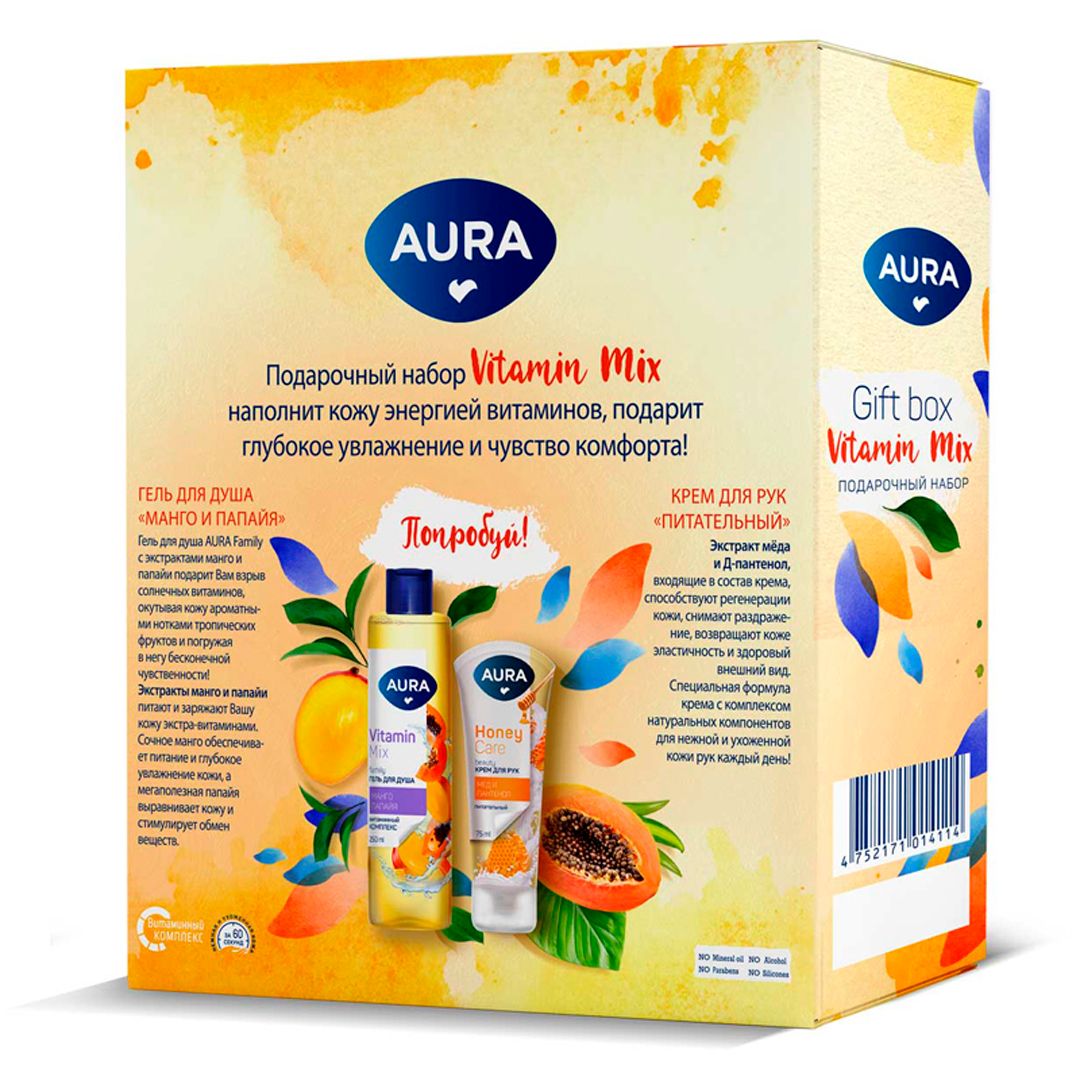 Подарочный набор Aura "Vitamin Mix", крем для рук 75 мл+гель для душа 250 мл / Средства для рук №2