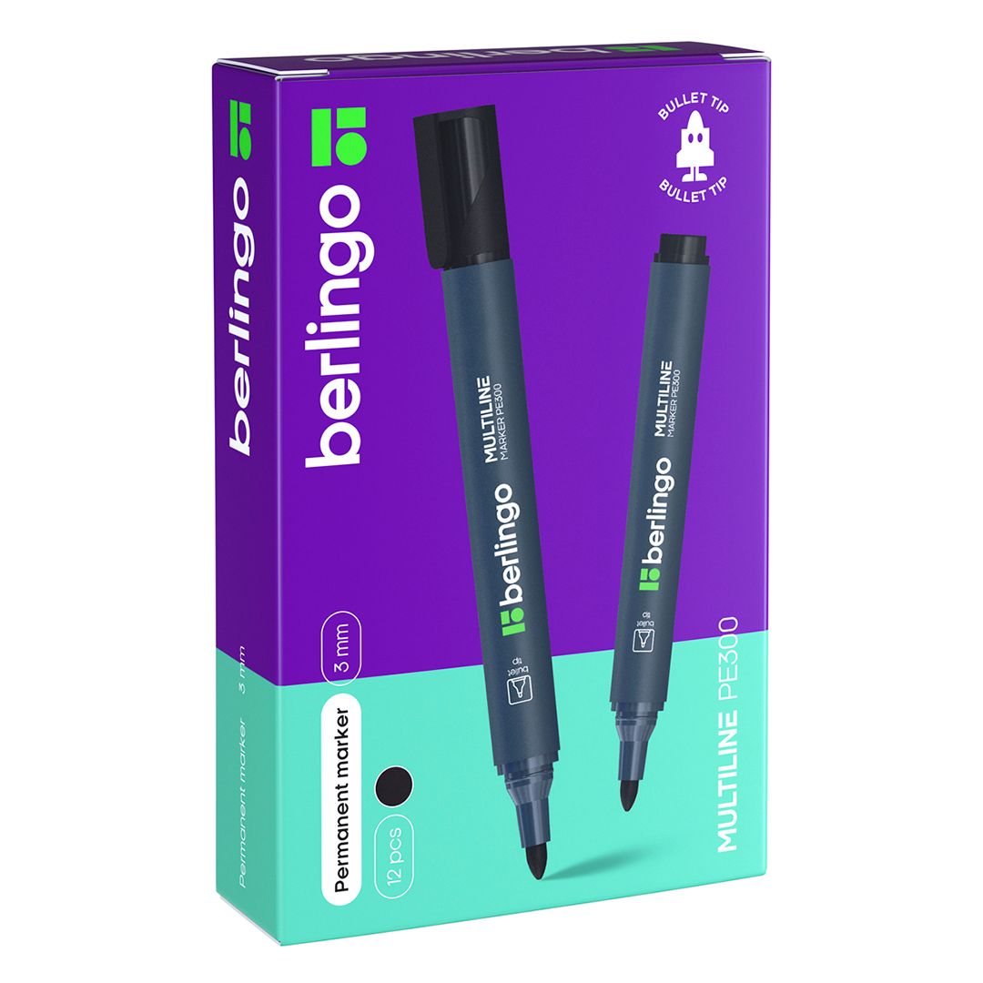 Маркер перманентный Berlingo "Multiline PE300", пулевидный наконечник 3 мм, черный, цена за штуку / Маркеры перманентные нестираемые №3