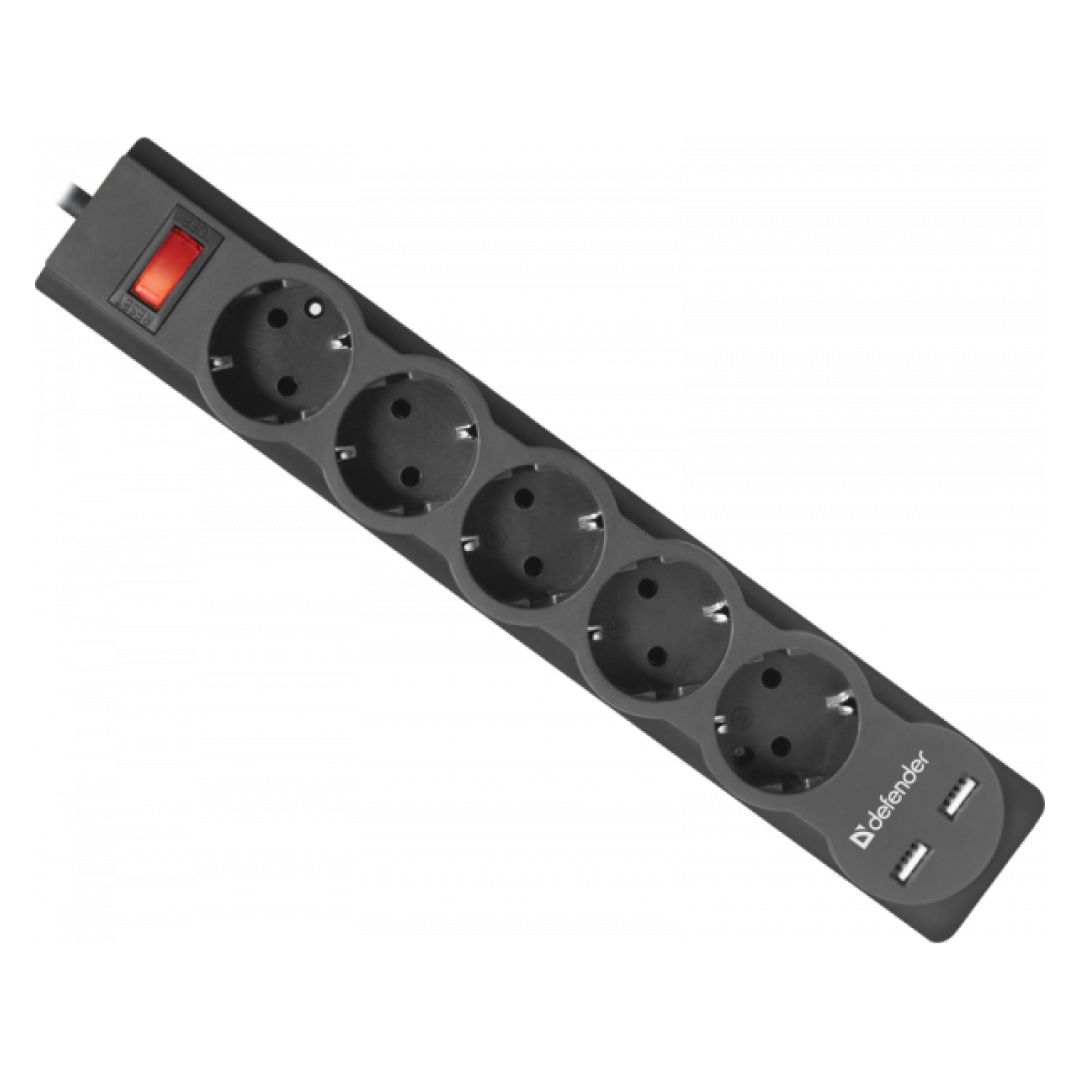 Сетевой фильтр Defender DFS-753, 5 розеток, 3 м, 2xUSB, черный / Сетевые фильтры