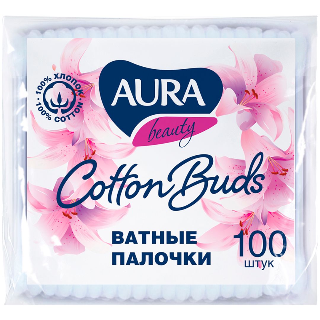 Aura "Beauty" мақта таяқшалары, 100 дана, полиэтилен қалтада