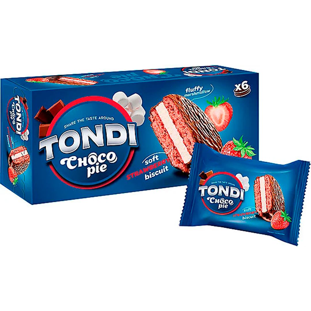 Бисквит Choco Pie «Tondi», клубничный вкус, 180 гр, 6 штук в коробке / Печенье, вафли, крекеры