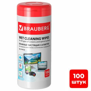Туба с влажными чистящими салфетками для экранов Brauberg, 100 штук в тубе / Салфетки в тубе