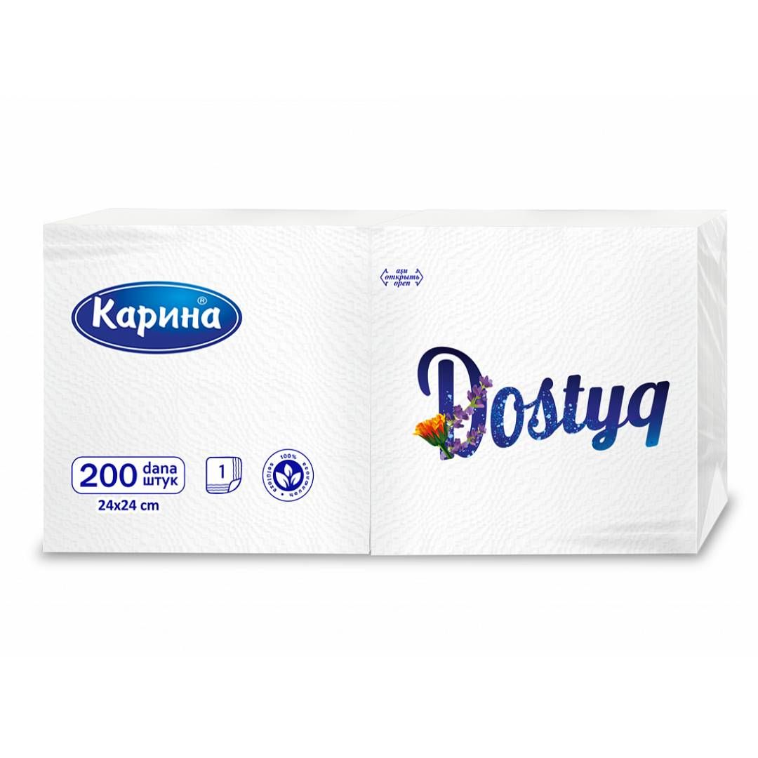 Карина "Dostyq" майлықтары, 1 қабатты, 200 дана, өлшемі 24*24 см, ақ / Қағаз майлықтар oe.kz Карина "Dostyq" майлықтары, 1 қабатты, 200 дана, өлшемі 24*24 см, ақ / Қағаз майлықтар