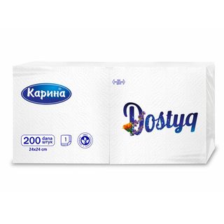 Карина "Dostyq" майлықтары, 1 қабатты, 200 дана, өлшемі 24*24 см, ақ / Қағаз майлықтар