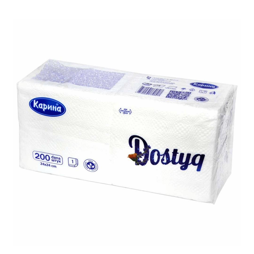 Карина "Dostyq" майлықтары, 1 қабатты, 200 дана, өлшемі 24*24 см, ақ / Қағаз майлықтар №2