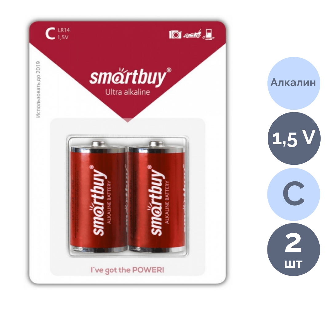 Батареялар Smartbuy бөшкелі C LR14, 1.5V, алкалинді, 2 дана, баға бір қаптамасы үшін / Батареялар