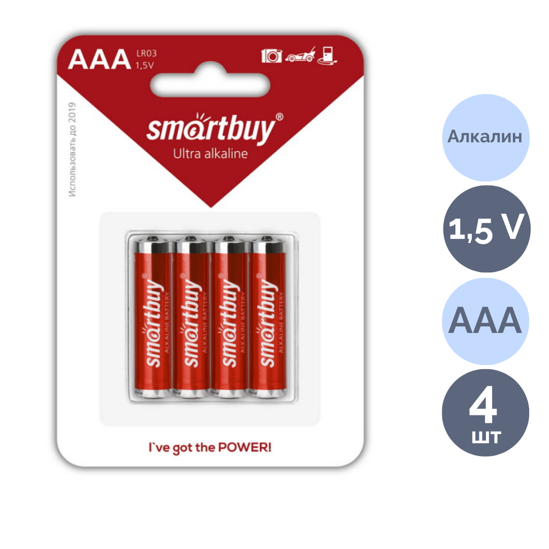 Батареялар Smartbuy шынашақты АAA LR03 24A, 1.5V, алкалинді, 4 дана, баға бір қаптамасы үшін / Батареялар