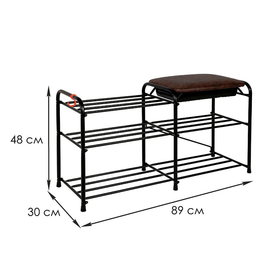 Подставка для обуви Альфа 33, три полки, с сиденьем, с ящиком 890*300*480 мм, черная