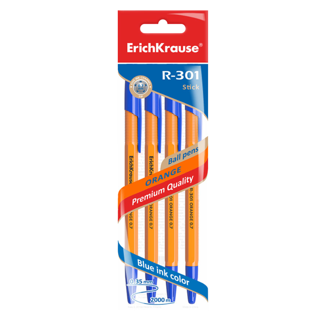Шарлы қаламдар жинағы Erich Krause "R-301" Stick Orange, 0,7 мм, көк, қаптамада 4 дана / Шарлы қаламдар жинағы №5
