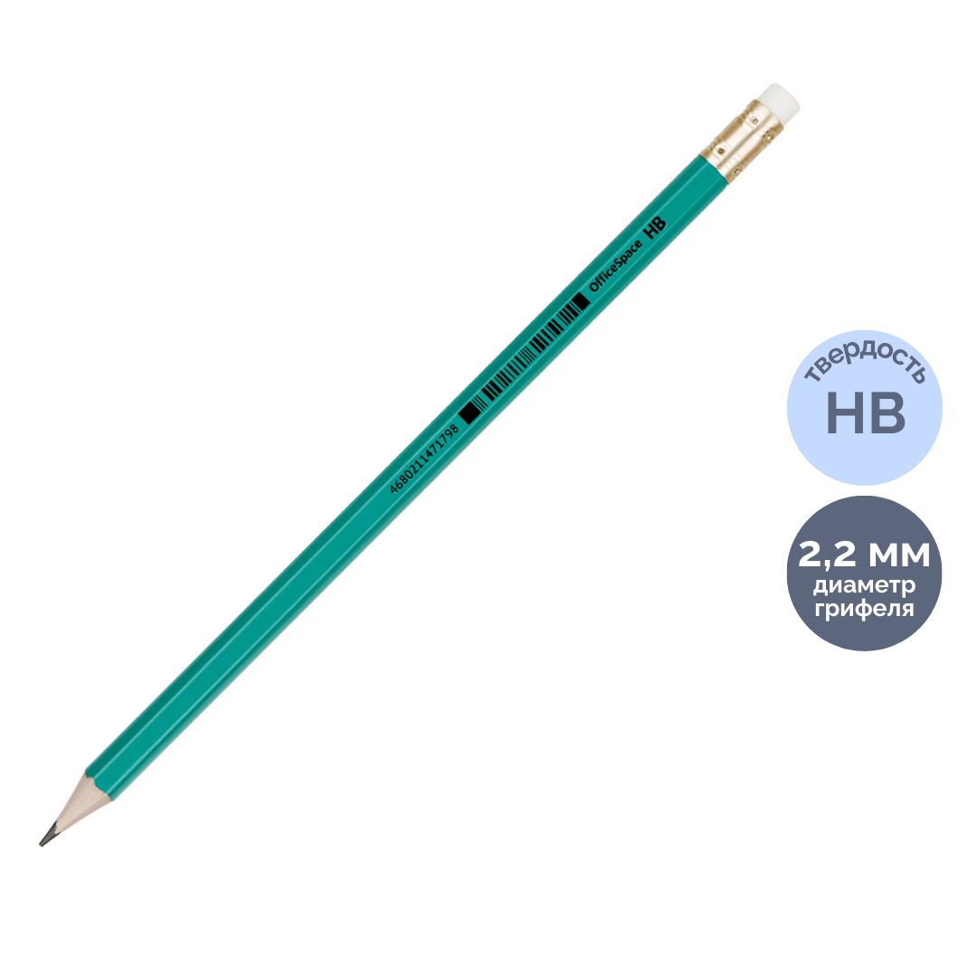 Карандаш чернографитный OfficeSpace HB, пластик, заточенный с ластиком, цена за штуку / Карандаши чернографитные