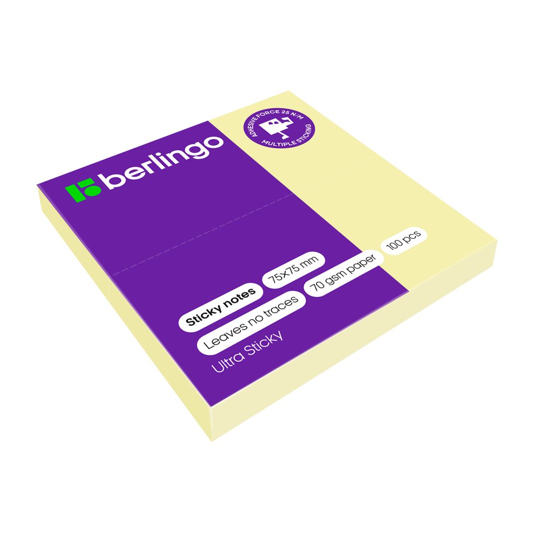 Өздігінен жабысатын блок 75*75 мм, Berlingo "Ultra Sticky", сары, 100 парақ / Өзі жабысатын блоктар