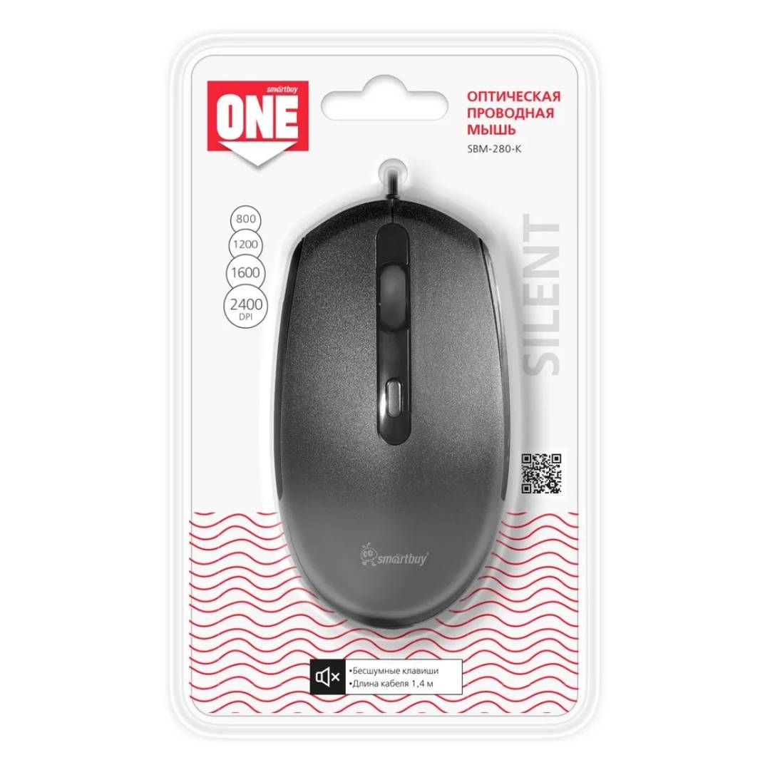 Оптикалық сымды тінтуір Smartbuy ONE 280-K, 4 батырма, 2400 dpi, USB, қара / Сымды тінтуірлер №3