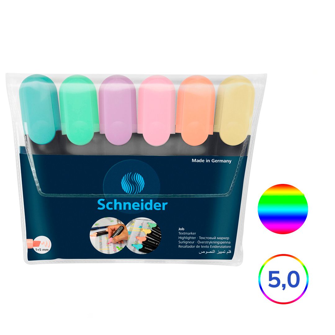 Набор текстмаркеров Schneider "Job", скошенный наконечник 1-5 мм, 6 пастельных цветов / Текстовыделители
