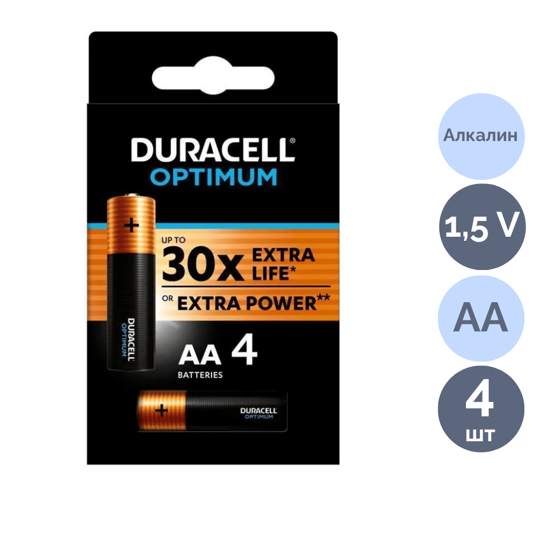 Батареялар Duracell Optimum саусақты АА LR6-8BL, 1.5 V, 4 дана/қапт, баға бір қаптамасы үшін / Батареялар
