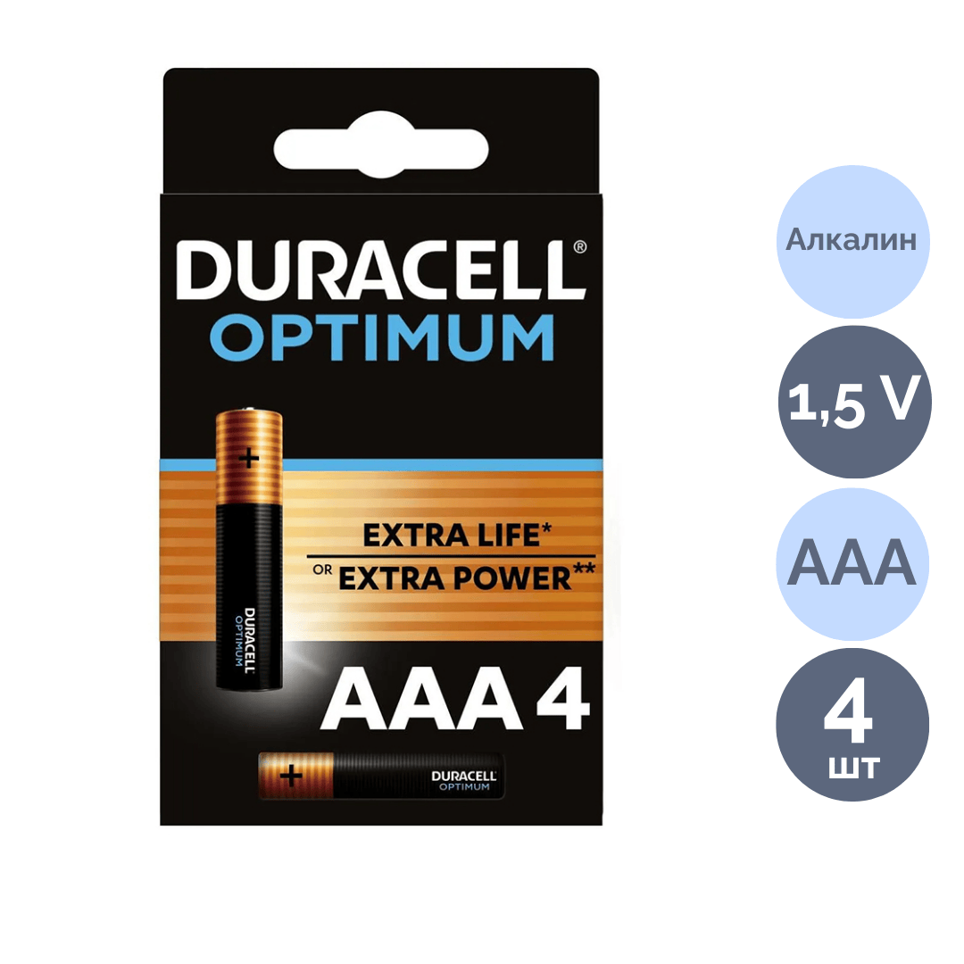 Батарейки Duracell Optimum мизинчиковые ААА LR03-6BL, 1.5 V, 4 шт./уп., цена за упаковку / Батарейки