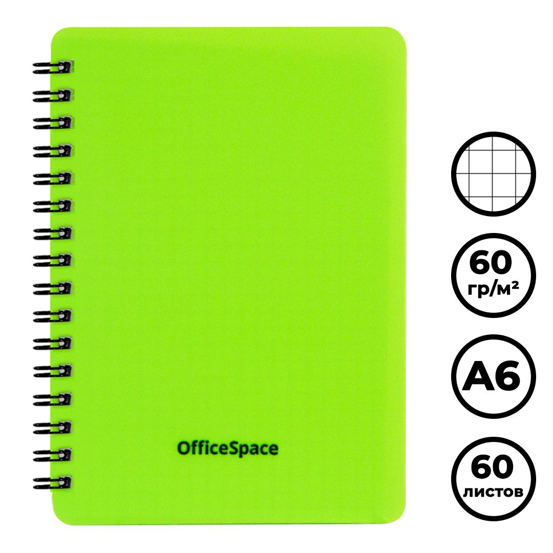 Записная книжка OfficeSpace "Neon", A6, 60 листов, на гребне, в клетку, салатовая / Записные книжки