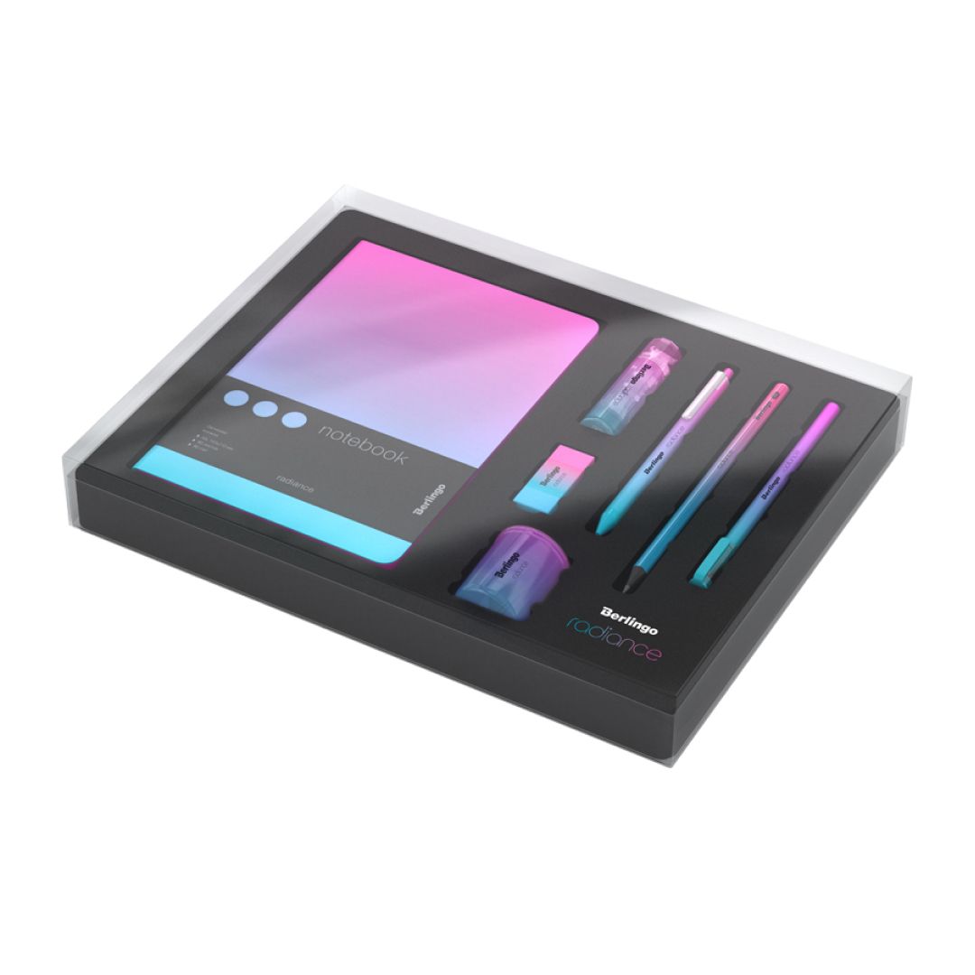 Набор канцелярских принадлежностей Berlingo "Radiance", 7 предметов, розовый/голубой градиент / Подставка с наполнением oe.kz Набор канцелярских принадлежностей Berlingo "Radiance", 7 предметов, розовый/голубой градиент / Подставка с наполнением