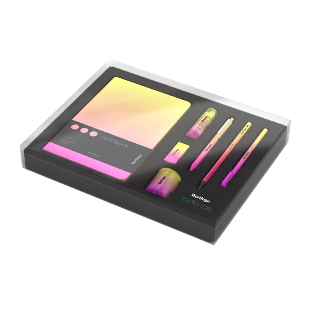 Набор канцелярских принадлежностей Berlingo "Radiance", 7 предметов, желтый/розовый градиент / Подставка с наполнением