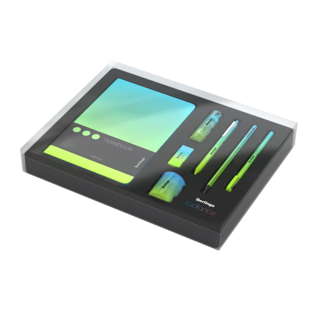 Набор канцелярских принадлежностей Berlingo "Radiance", 7 предметов, голубой/зеленый градиент / Подставка с наполнением oe.kz Набор канцелярских принадлежностей Berlingo "Radiance", 7 предметов, голубой/зеленый градиент / Подставка с наполнением