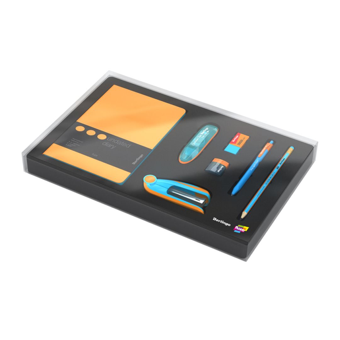 Набор канцелярских принадлежностей Berlingo "Fuze", 7 предметов, голубой/оранжевый / Подставка с наполнением oe.kz Набор канцелярских принадлежностей Berlingo "Fuze", 7 предметов, голубой/оранжевый / Подставка с наполнением