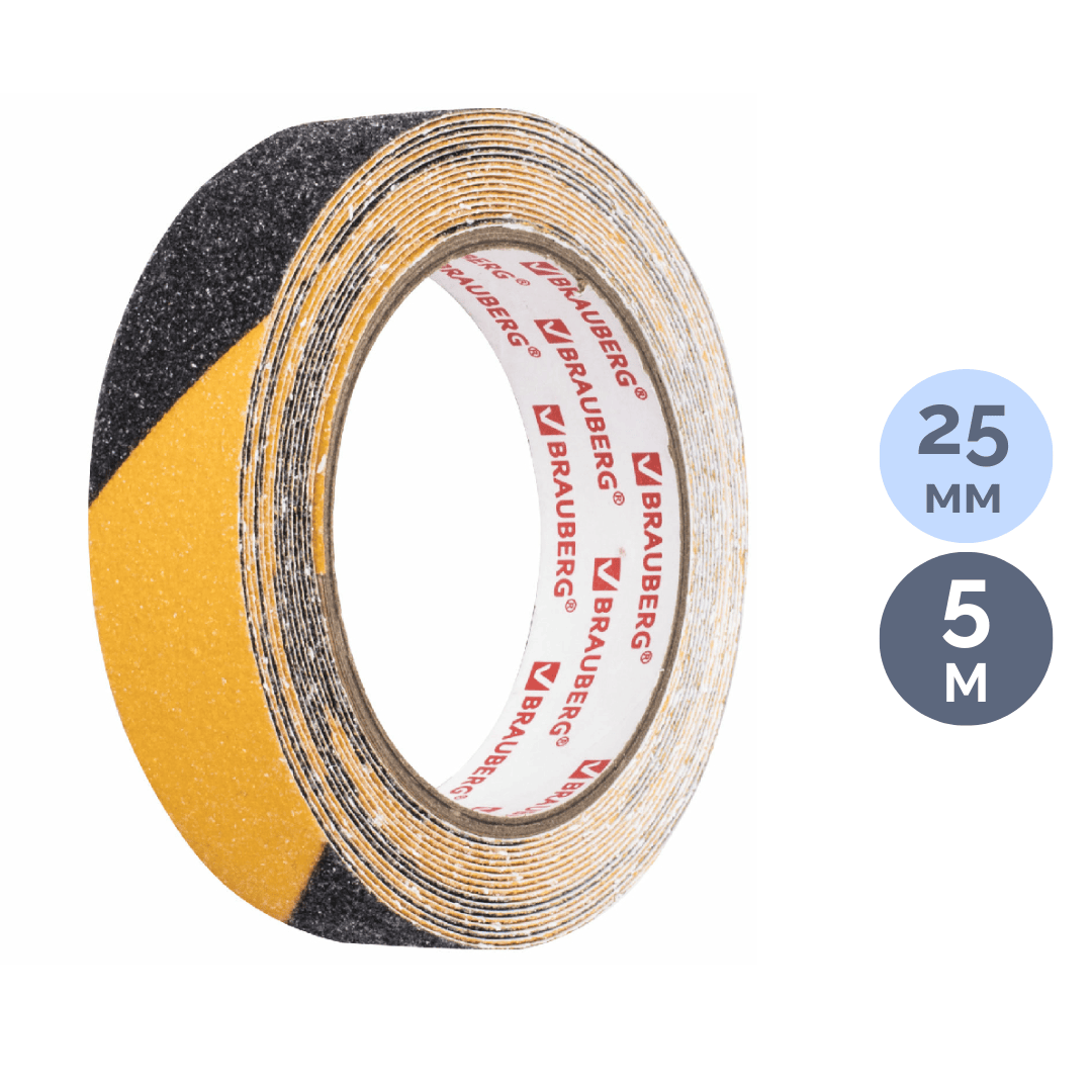 Клейкая лента зернистая Brauberg, размер 25 мм*5 м, противоскользящая, черно-желтая / Монтажные и специальные ленты