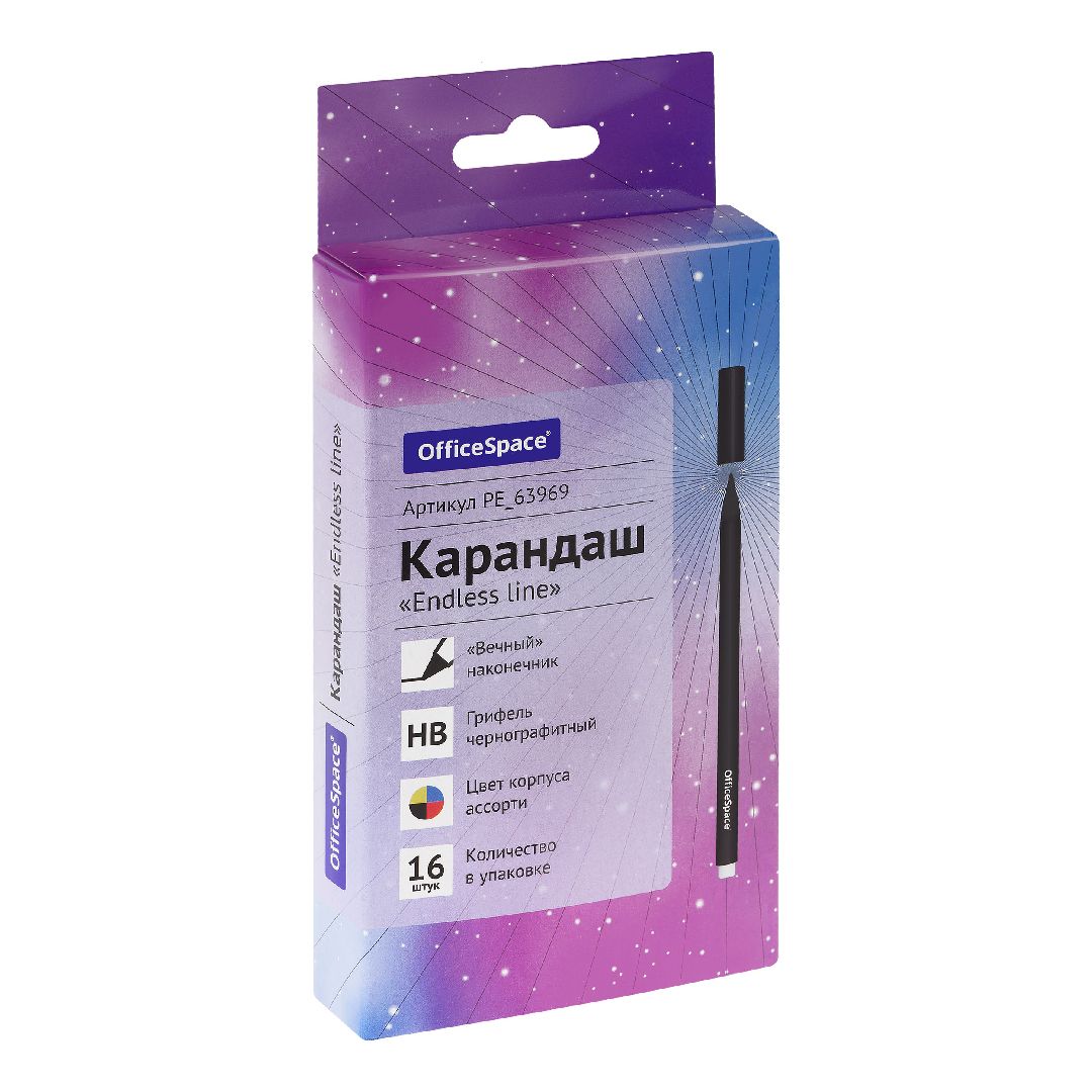 Карандаш чернографитный OfficeSpace "Endless line" HB, металлический наконечник с ластиком, ассорти / Карандаши чернографитные №5