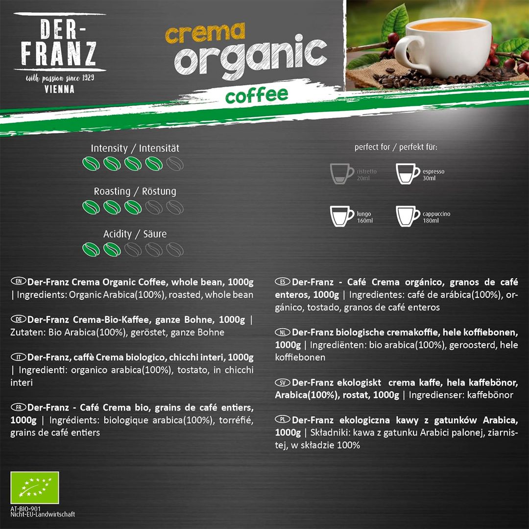 Кофе в зернах Der Franz "Crema Organic", средней обжарки, 1000 гр / Кофе зерновой №2