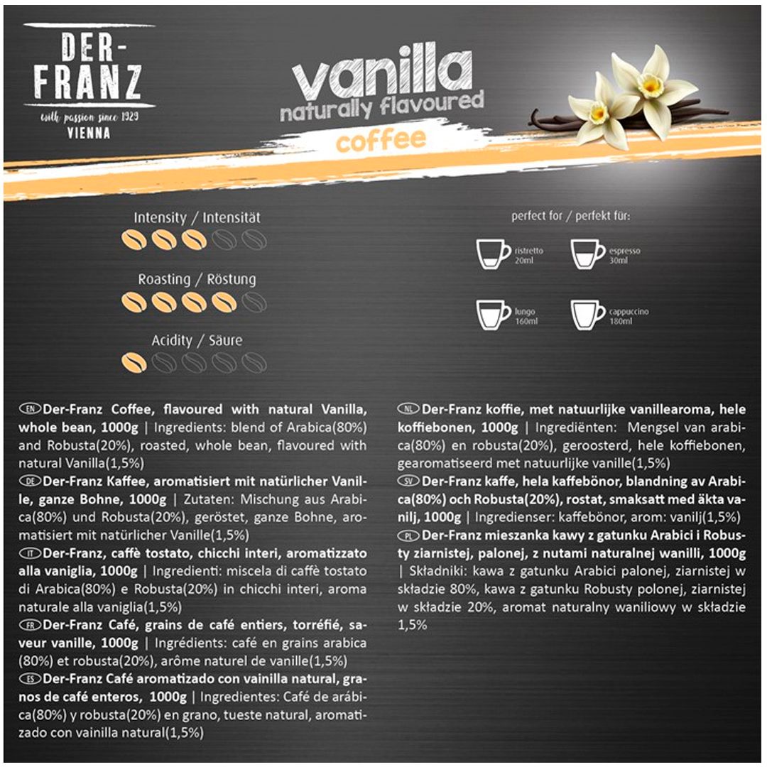 Кофе дәндері Der Franz "Vanilla", орташа қуырылған, 1000 гр / Дәнді кофе №3 oe.kz Кофе дәндері Der Franz "Vanilla", орташа қуырылған, 1000 гр / Дәнді кофе №3