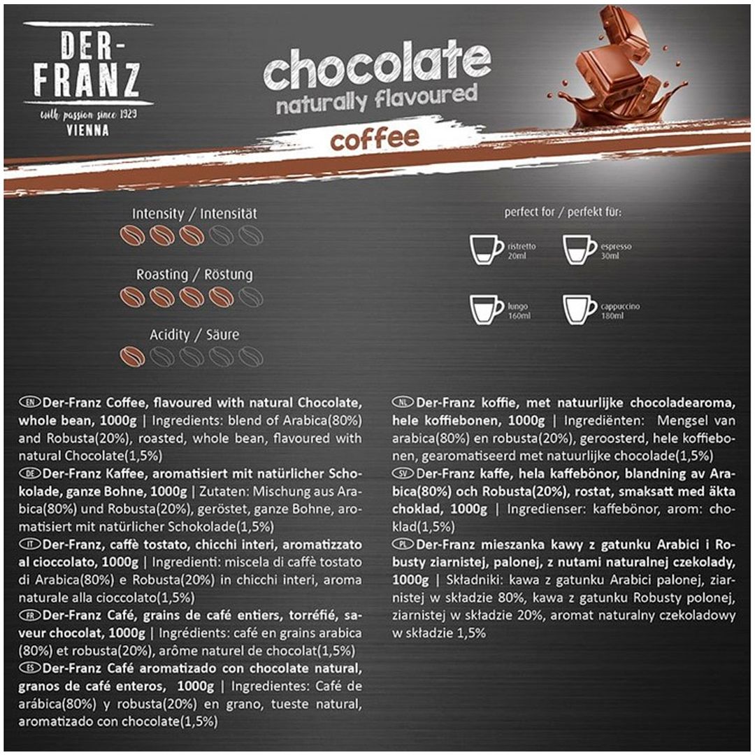 Кофе дәндері Der Franz "Chocolate", орташа қуырылған, 1000 гр / Дәнді кофе №2 oe.kz Кофе дәндері Der Franz "Chocolate", орташа қуырылған, 1000 гр / Дәнді кофе №2