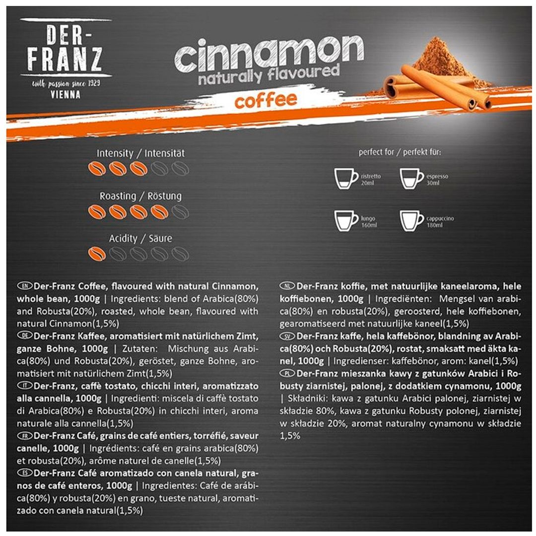Кофе дәндері Der Franz "Cinnamon", орташа қуырылған, 1000 гр / Дәнді кофе №4 oe.kz Кофе дәндері Der Franz "Cinnamon", орташа қуырылған, 1000 гр / Дәнді кофе №4