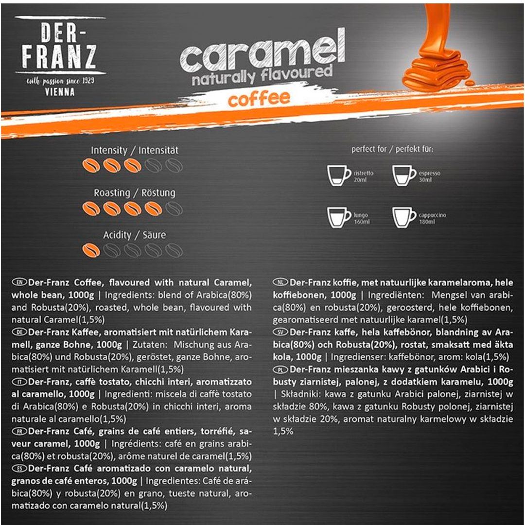 Кофе дәндері Der Franz "Caramel", орташа қуырылған, 1000 гр / Дәнді кофе №3 oe.kz Кофе дәндері Der Franz "Caramel", орташа қуырылған, 1000 гр / Дәнді кофе №3