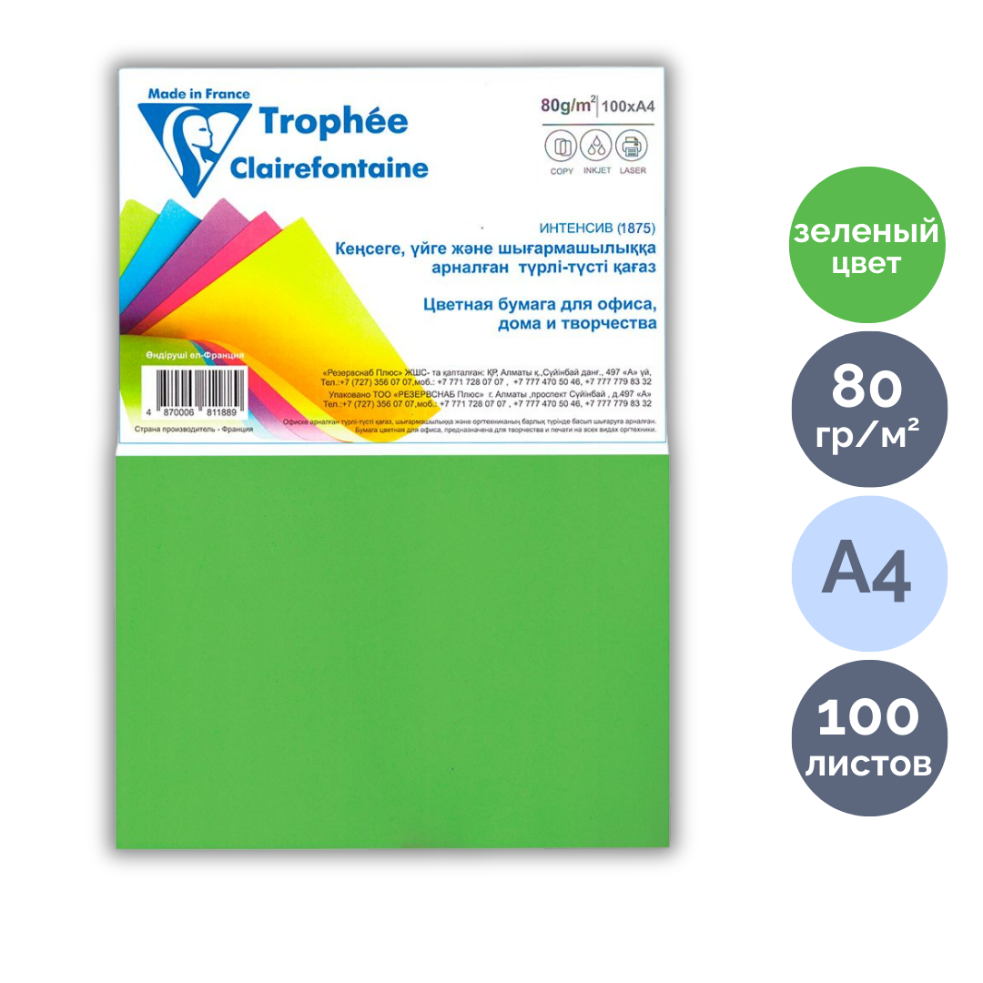 Бумага Trophee "Intensive", А4, 80 г/м2, 100 листов, зеленая / Бумага цветная oe.kz Бумага Trophee "Intensive", А4, 80 г/м2, 100 листов, зеленая / Бумага цветная