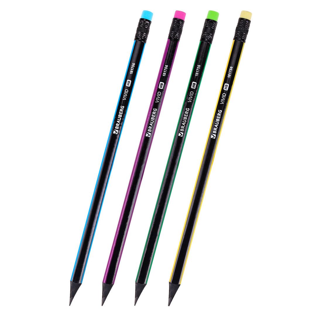Карандаш чернографитный Brauberg "Vivid" HB, деревянный, заточенный c ластиком, ассорти / Карандаши чернографитные №3