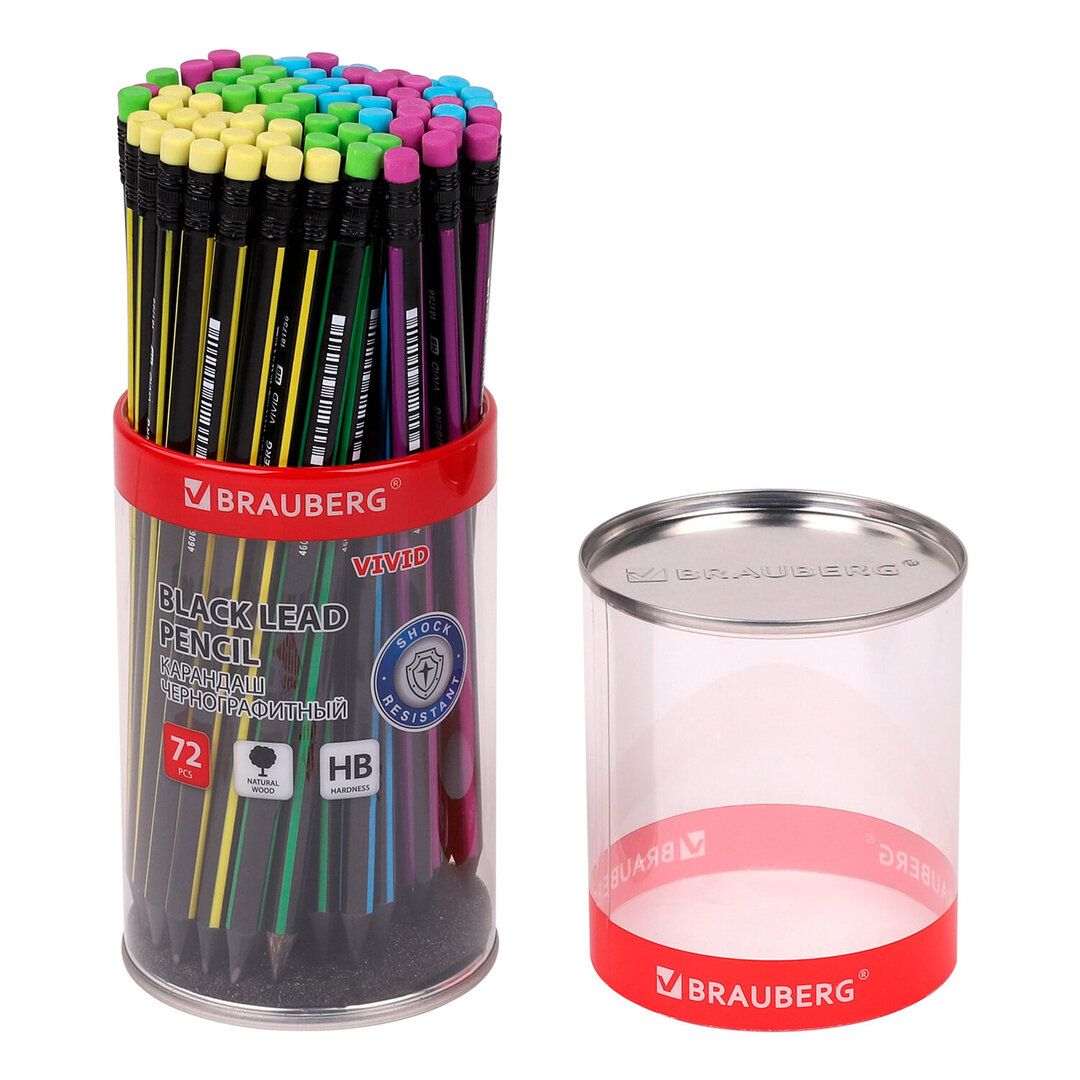 Карандаш чернографитный Brauberg "Vivid" HB, деревянный, заточенный c ластиком, ассорти / Карандаши чернографитные №4