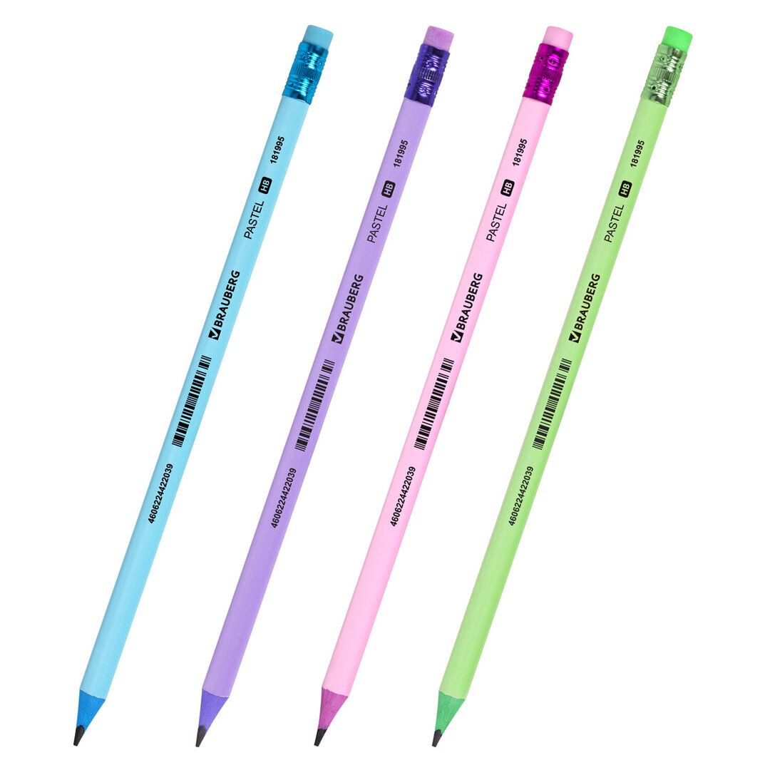 Карандаш чернографитный Brauberg "Pastel" HB, пластиковый, заточенный c ластиком, ассорти / Карандаши чернографитные №2