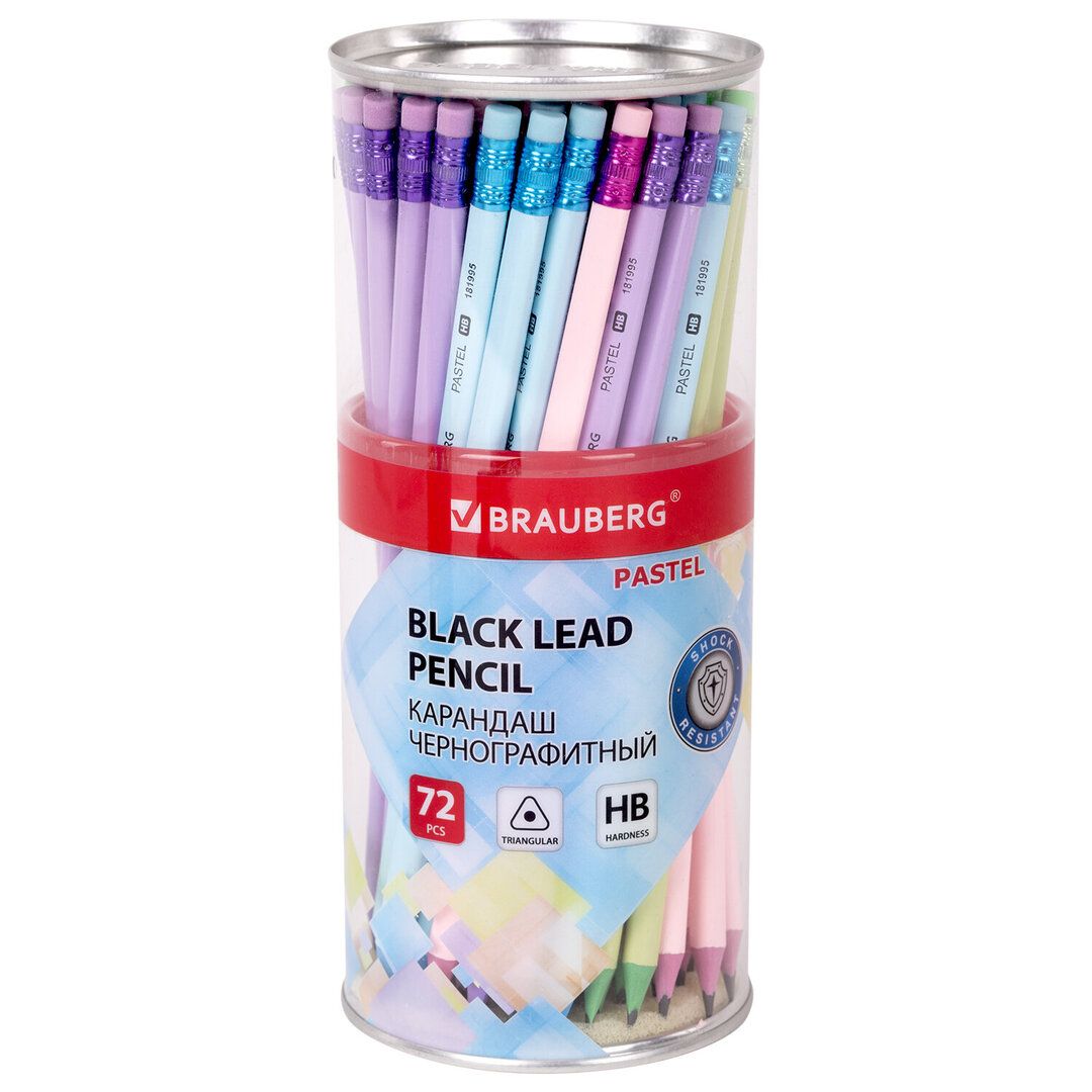 Карандаш чернографитный Brauberg "Pastel" HB, пластиковый, заточенный c ластиком, ассорти / Карандаши чернографитные №5