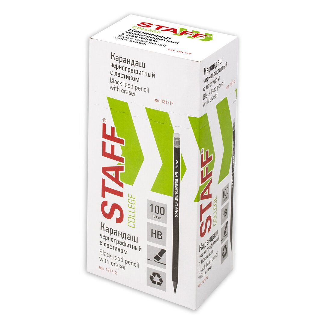 Карандаш чернографитный Staff "College" HB, пластиковый, заточенный c ластиком / Карандаши чернографитные №4