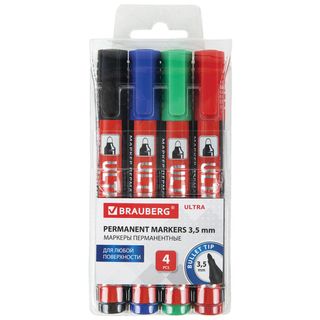 Набор маркеров перманентных Brauberg "Ultra Marker", пулевидный наконечник, 1-3,5 мм, 4 шт. / Маркеры перманентные нестираемые