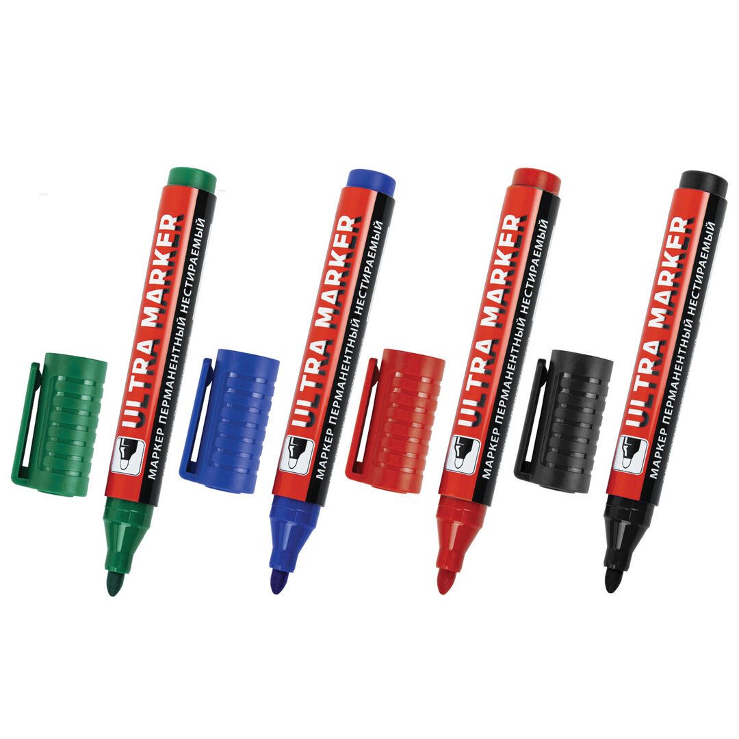 Набор маркеров перманентных Brauberg "Ultra Marker", пулевидный наконечник, 1-3,5 мм, 4 шт. / Маркеры перманентные нестираемые №2