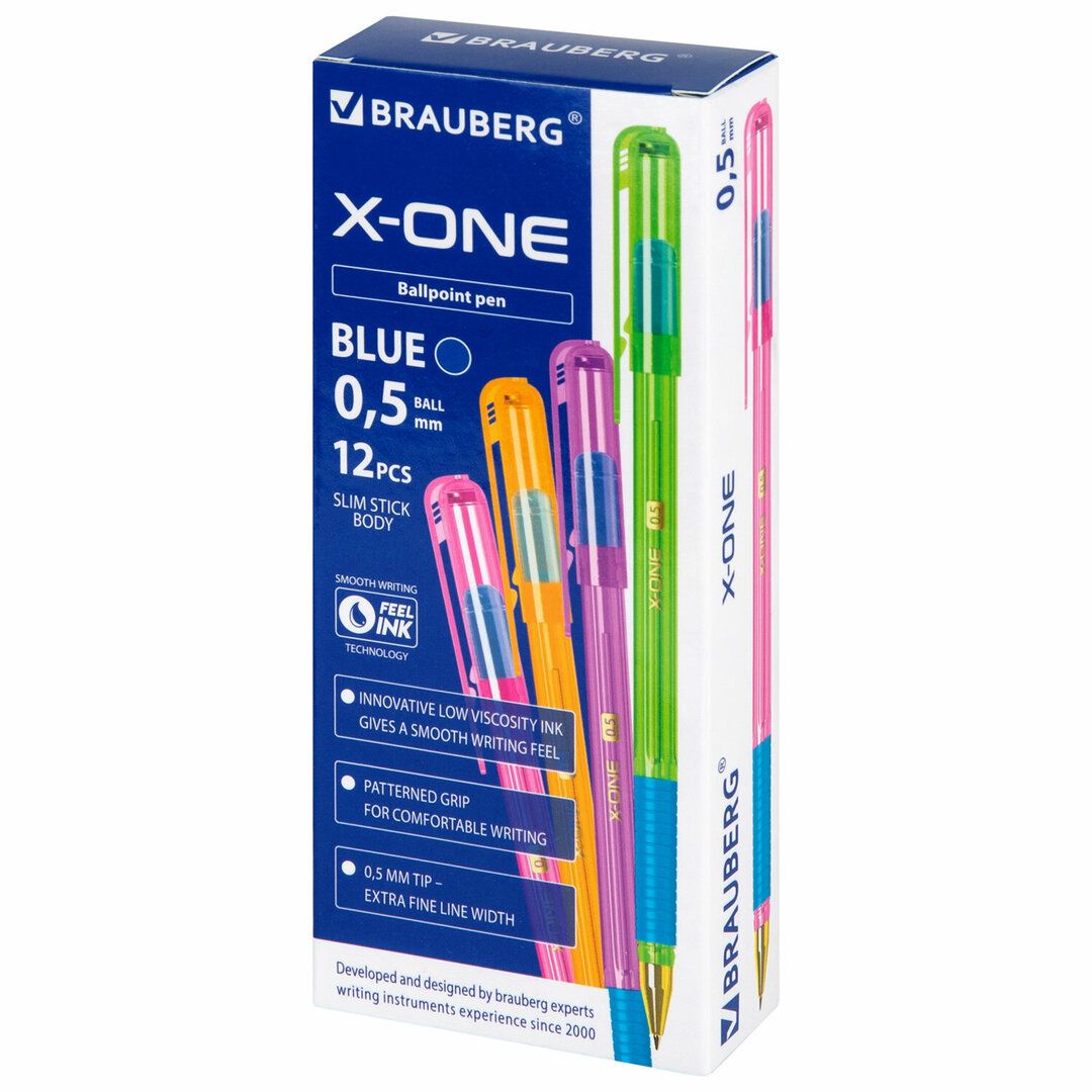 Ручка шариковая Brauberg "X-One Neon", 0,5 мм, синяя, корпус ассорти, цена за штуку / Ручки шариковые неавтоматические №2